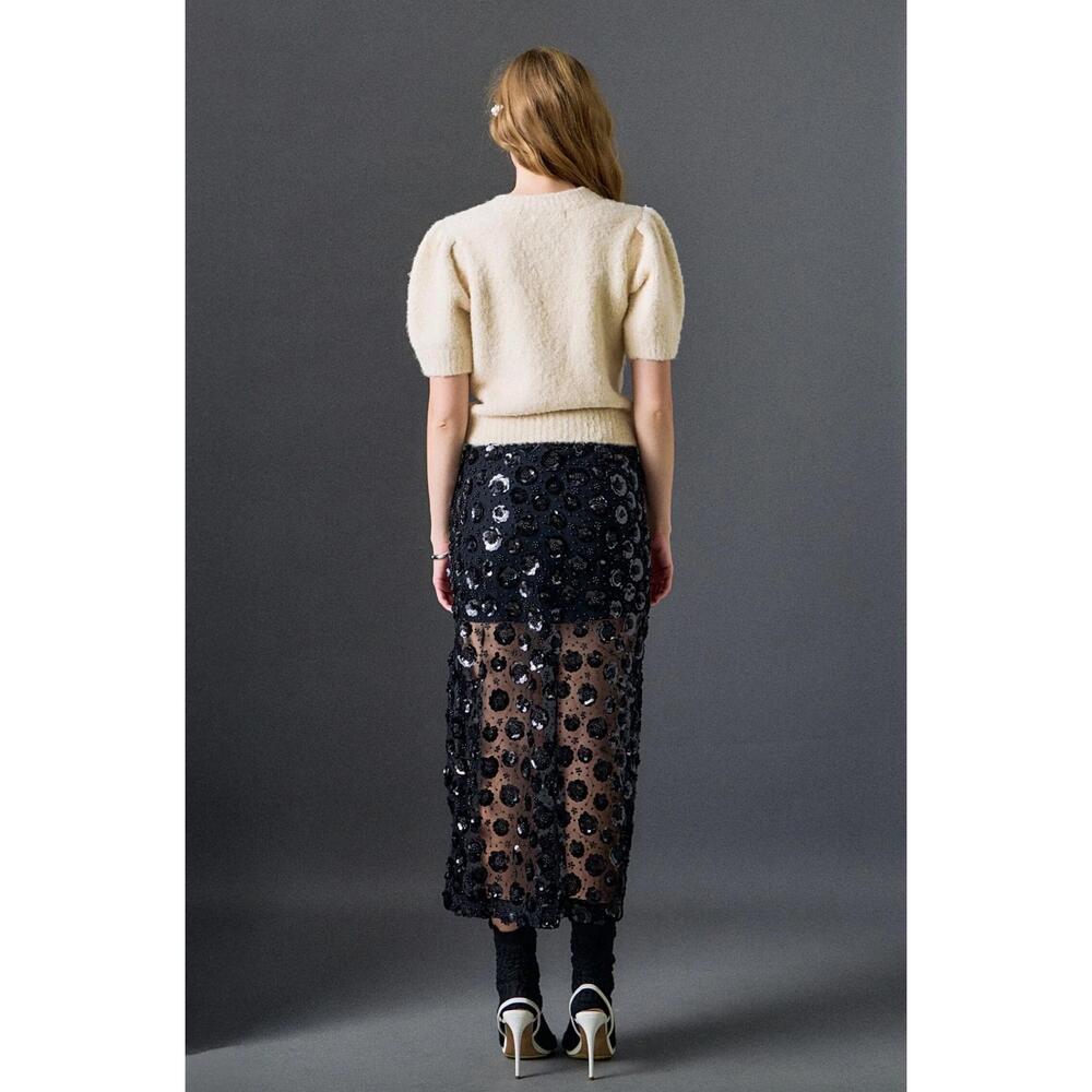 NEW ENGLISH FACTORY women's flower sequin sheer midi skirt in black - Picture 3 of 7